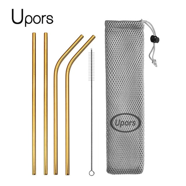 UPORS Reusable Drinking Straw 304 Stainless Steel Straws Straight Bent Metal Straw with Cleaner Brush Pouch Wholesale