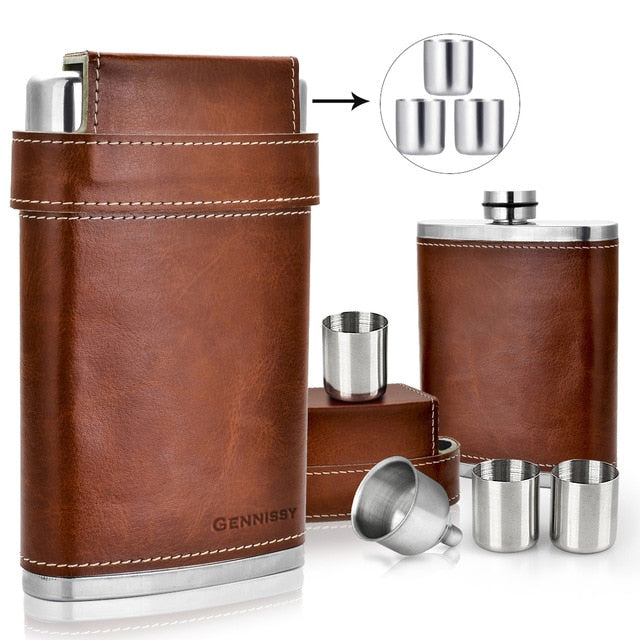 GENNISSY 8oz Portable Leather Covered Hip Flask+3 Stainless Steel Caps+1 Funnel