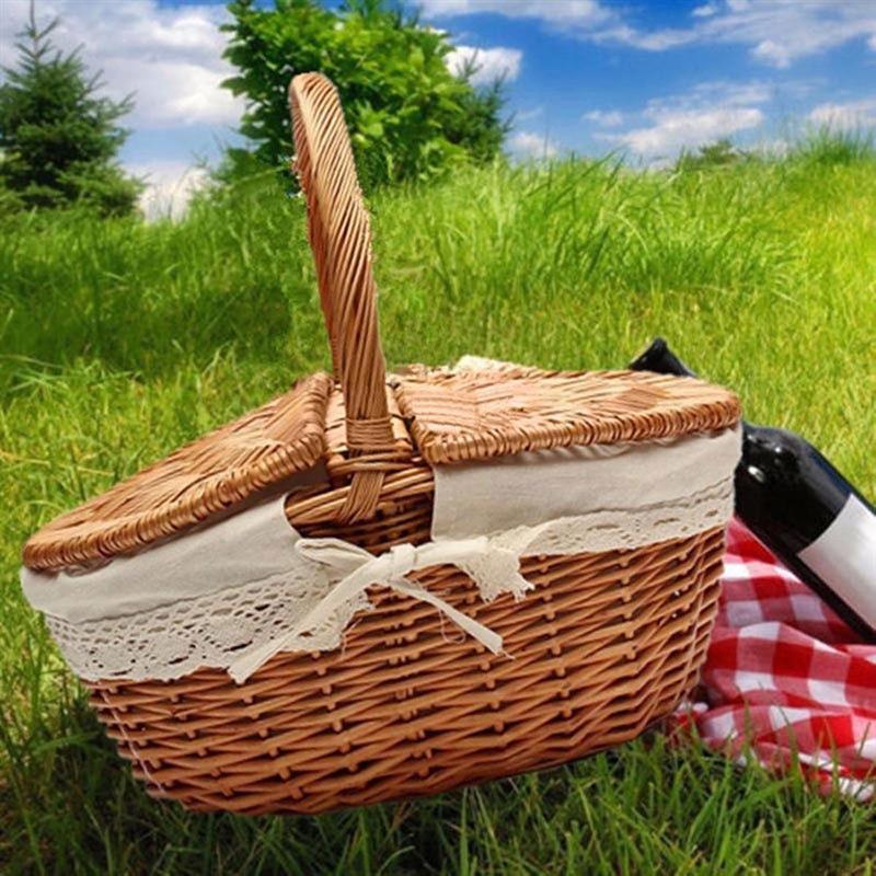 Wicker Basket Willow Picnic Basket With Lid And Handle And White Liner For Outdoor Camping Picnic
