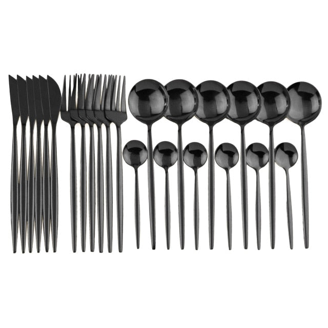 24Pcs/set Stainless Steel Dinner Black Gold Dinnerware Set Knife Fork Coffee Spoon Cutlery Set Kitchen Tableware Silverware Sets