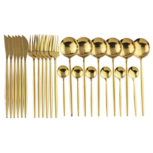 24Pcs/set Stainless Steel Dinner Black Gold Dinnerware Set Knife Fork Coffee Spoon Cutlery Set Kitchen Tableware Silverware Sets