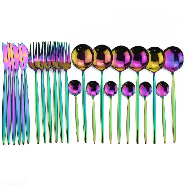 24Pcs/set Stainless Steel Dinner Black Gold Dinnerware Set Knife Fork Coffee Spoon Cutlery Set Kitchen Tableware Silverware Sets