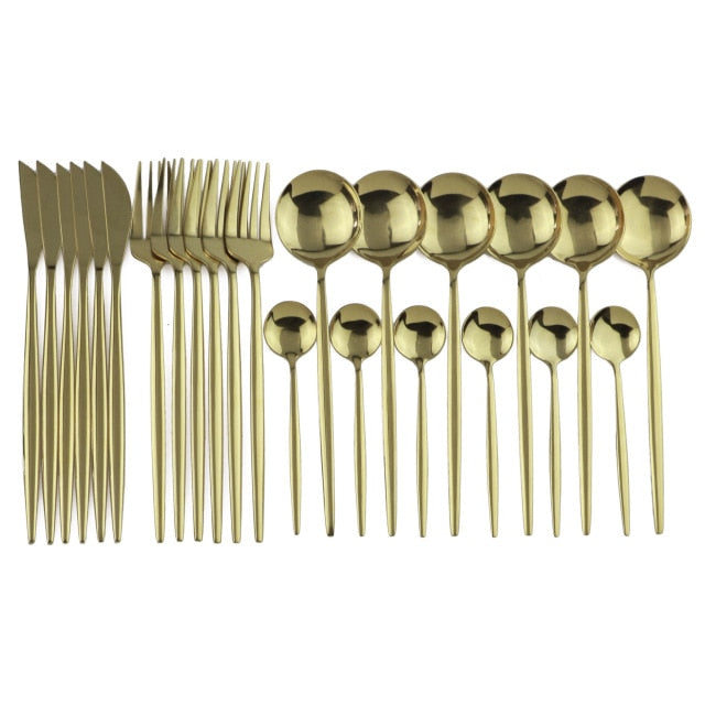 24Pcs/set Stainless Steel Dinner Black Gold Dinnerware Set Knife Fork Coffee Spoon Cutlery Set Kitchen Tableware Silverware Sets