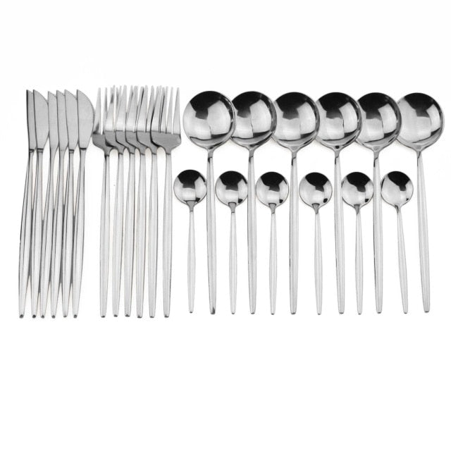 24Pcs/set Stainless Steel Dinner Black Gold Dinnerware Set Knife Fork Coffee Spoon Cutlery Set Kitchen Tableware Silverware Sets