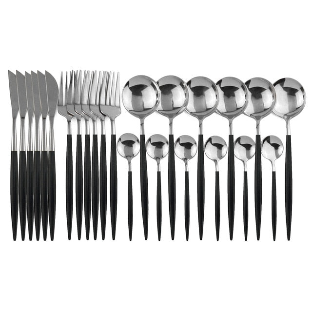 24Pcs/set Stainless Steel Dinner Black Gold Dinnerware Set Knife Fork Coffee Spoon Cutlery Set Kitchen Tableware Silverware Sets