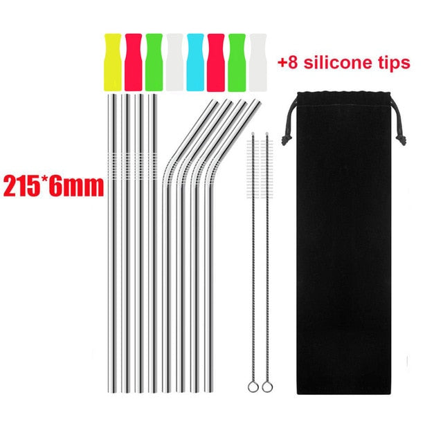 UPORS 4/8Pcs Reusable Drinking Straw High Quality 304 Stainless Steel Metal Straw with Cleaner Brush Wholesale