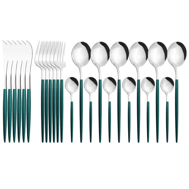 24Pcs/set Stainless Steel Dinner Black Gold Dinnerware Set Knife Fork Coffee Spoon Cutlery Set Kitchen Tableware Silverware Sets