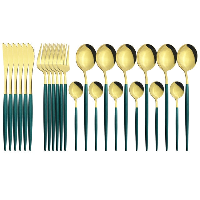 24Pcs/set Stainless Steel Dinner Black Gold Dinnerware Set Knife Fork Coffee Spoon Cutlery Set Kitchen Tableware Silverware Sets