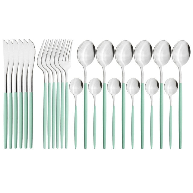 24Pcs/set Stainless Steel Dinner Black Gold Dinnerware Set Knife Fork Coffee Spoon Cutlery Set Kitchen Tableware Silverware Sets