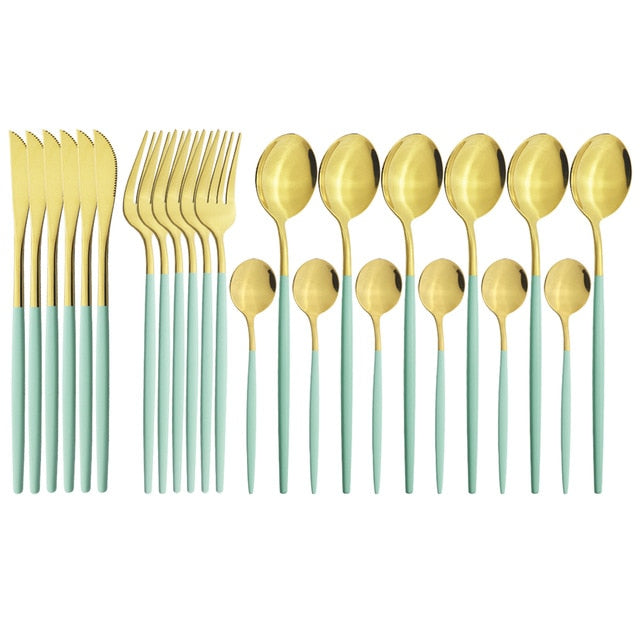 24Pcs/set Stainless Steel Dinner Black Gold Dinnerware Set Knife Fork Coffee Spoon Cutlery Set Kitchen Tableware Silverware Sets