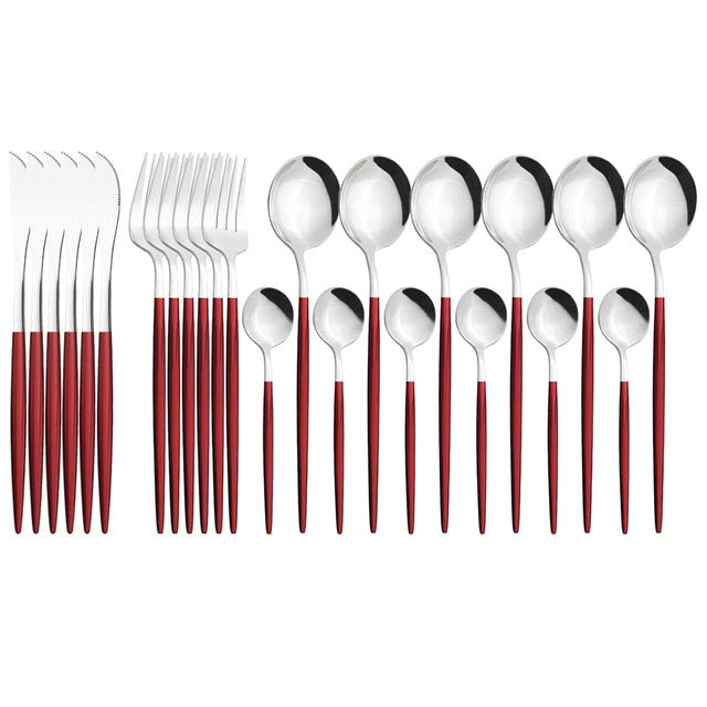 24Pcs/set Stainless Steel Dinner Black Gold Dinnerware Set Knife Fork Coffee Spoon Cutlery Set Kitchen Tableware Silverware Sets