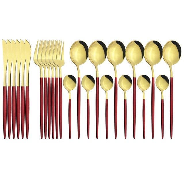 24Pcs/set Stainless Steel Dinner Black Gold Dinnerware Set Knife Fork Coffee Spoon Cutlery Set Kitchen Tableware Silverware Sets