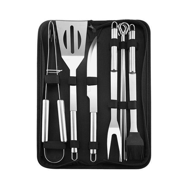 Stainless Steel BBQ Tools Set spatula fork tongs knife brush skewers Barbecue Grilling Utensils