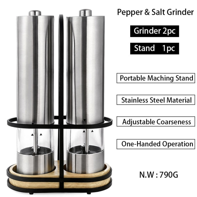 Stainless Steel Electric Pepper Grinder Portable One-handed operation Spice Grain Mill with Led Light Home Kitchen Grinding Tool