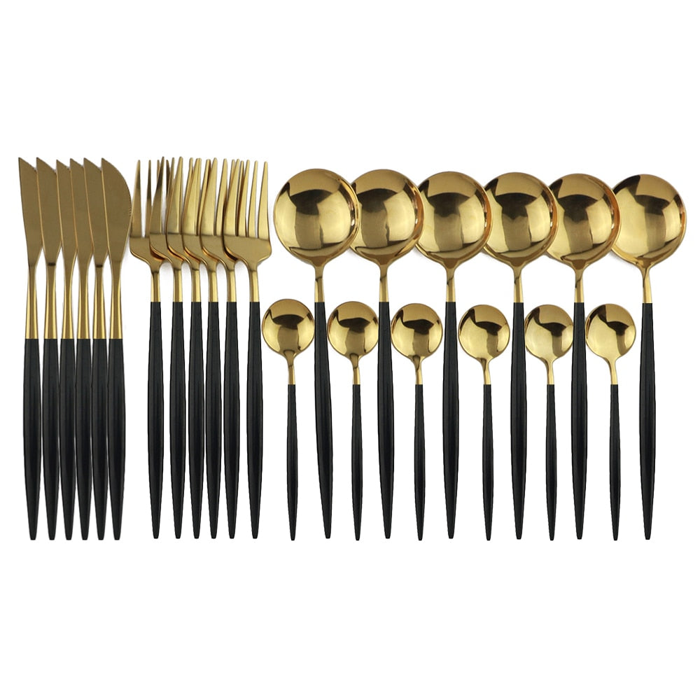 24Pcs/set Stainless Steel Dinner Black Gold Dinnerware Set Knife Fork Coffee Spoon Cutlery Set Kitchen Tableware Silverware Sets