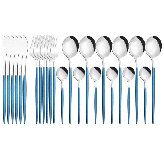 24Pcs/set Stainless Steel Dinner Black Gold Dinnerware Set Knife Fork Coffee Spoon Cutlery Set Kitchen Tableware Silverware Sets