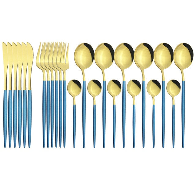 24Pcs/set Stainless Steel Dinner Black Gold Dinnerware Set Knife Fork Coffee Spoon Cutlery Set Kitchen Tableware Silverware Sets