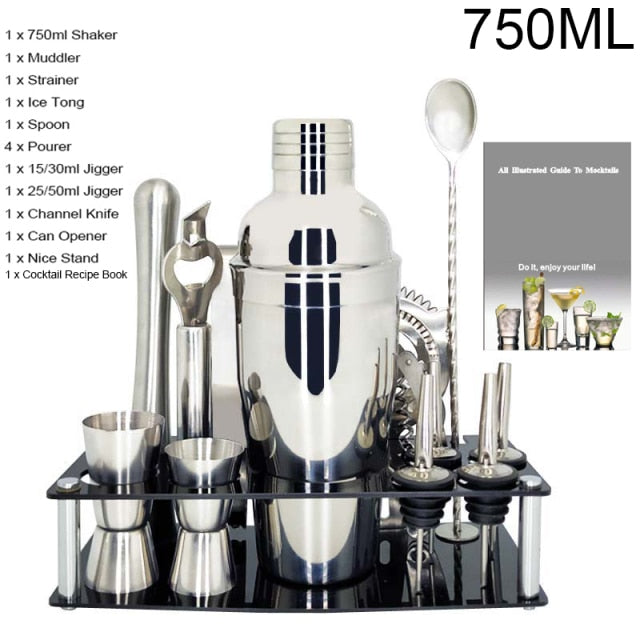 1-14 Pcs/set 600ml 750ml Stainless Steel Cocktail Shaker Mixer Drink Bartender Browser Kit Bars Set Tools With Wine Rack Stand