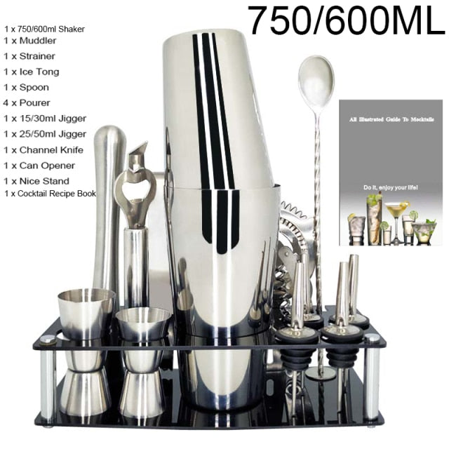 1-14 Pcs/set 600ml 750ml Stainless Steel Cocktail Shaker Mixer Drink Bartender Browser Kit Bars Set Tools With Wine Rack Stand