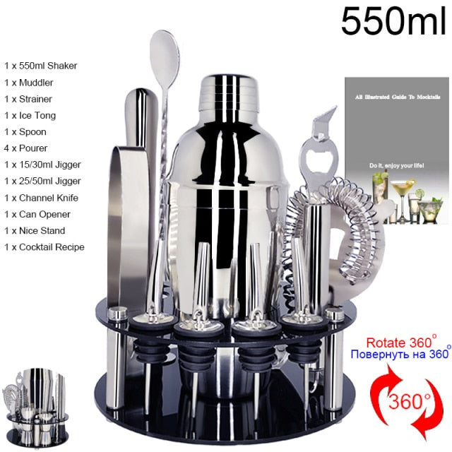 1-14 Pcs/set 600ml 750ml Stainless Steel Cocktail Shaker Mixer Drink Bartender Browser Kit Bars Set Tools With Wine Rack Stand