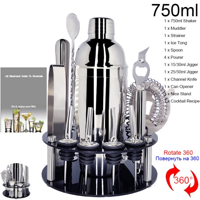 1-14 Pcs/set 600ml 750ml Stainless Steel Cocktail Shaker Mixer Drink Bartender Browser Kit Bars Set Tools With Wine Rack Stand