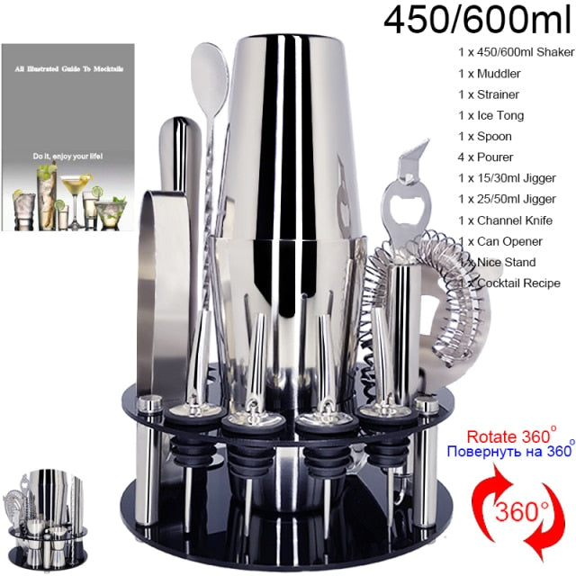 1-14 Pcs/set 600ml 750ml Stainless Steel Cocktail Shaker Mixer Drink Bartender Browser Kit Bars Set Tools With Wine Rack Stand