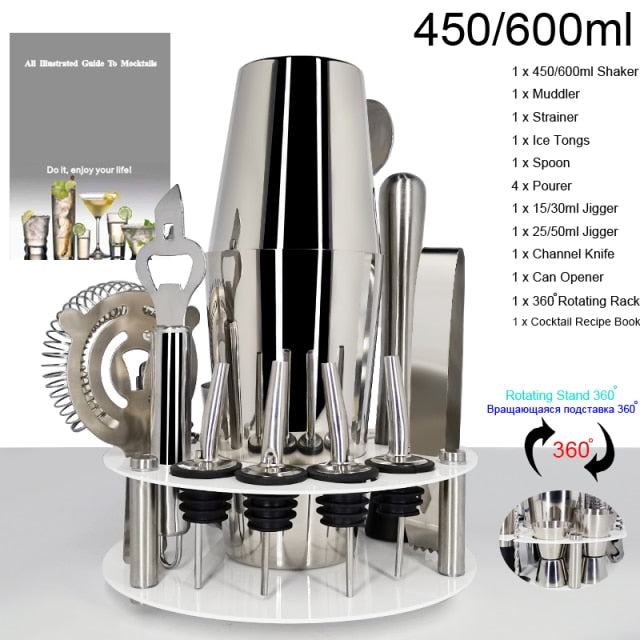 1-14 Pcs/set 600ml 750ml Stainless Steel Cocktail Shaker Mixer Drink Bartender Browser Kit Bars Set Tools With Wine Rack Stand