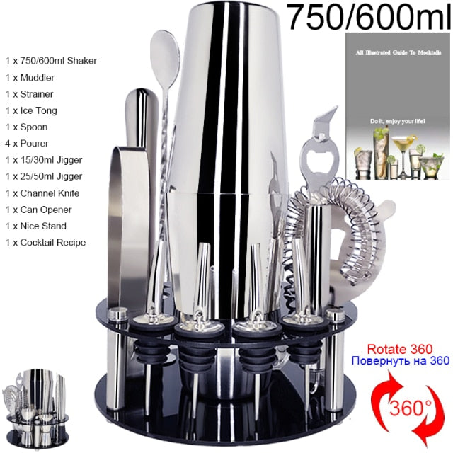 1-14 Pcs/set 600ml 750ml Stainless Steel Cocktail Shaker Mixer Drink Bartender Browser Kit Bars Set Tools With Wine Rack Stand