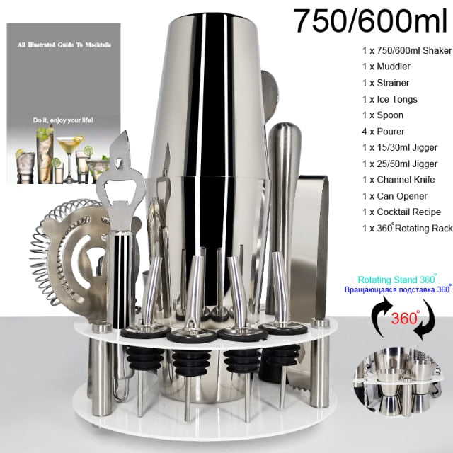 1-14 Pcs/set 600ml 750ml Stainless Steel Cocktail Shaker Mixer Drink Bartender Browser Kit Bars Set Tools With Wine Rack Stand