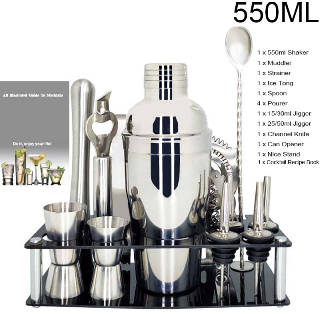 1-14 Pcs/set 600ml 750ml Stainless Steel Cocktail Shaker Mixer Drink Bartender Browser Kit Bars Set Tools With Wine Rack Stand