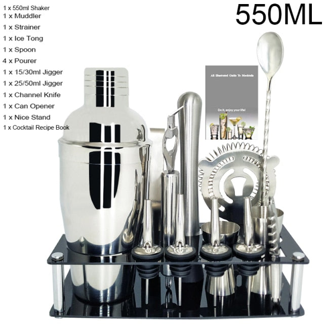 1-14 Pcs/set 600ml 750ml Stainless Steel Cocktail Shaker Mixer Drink Bartender Browser Kit Bars Set Tools With Wine Rack Stand