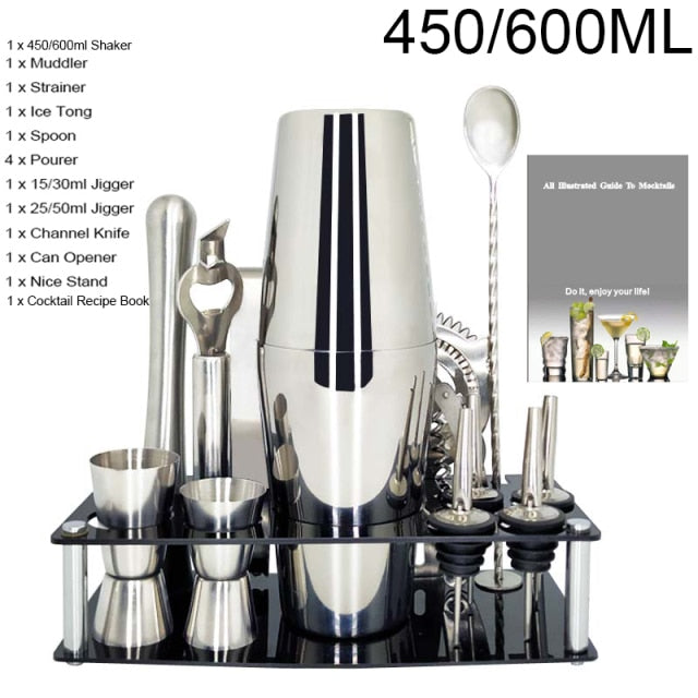 1-14 Pcs/set 600ml 750ml Stainless Steel Cocktail Shaker Mixer Drink Bartender Browser Kit Bars Set Tools With Wine Rack Stand