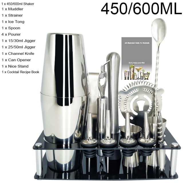 1-14 Pcs/set 600ml 750ml Stainless Steel Cocktail Shaker Mixer Drink Bartender Browser Kit Bars Set Tools With Wine Rack Stand