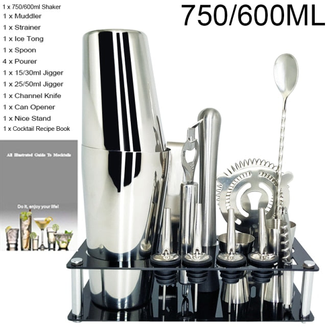 1-14 Pcs/set 600ml 750ml Stainless Steel Cocktail Shaker Mixer Drink Bartender Browser Kit Bars Set Tools With Wine Rack Stand