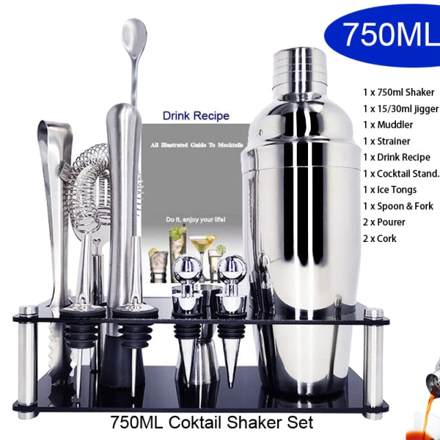 1-14 Pcs/set 600ml 750ml Stainless Steel Cocktail Shaker Mixer Drink Bartender Browser Kit Bars Set Tools With Wine Rack Stand