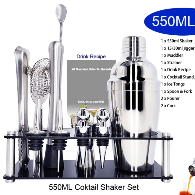 1-14 Pcs/set 600ml 750ml Stainless Steel Cocktail Shaker Mixer Drink Bartender Browser Kit Bars Set Tools With Wine Rack Stand