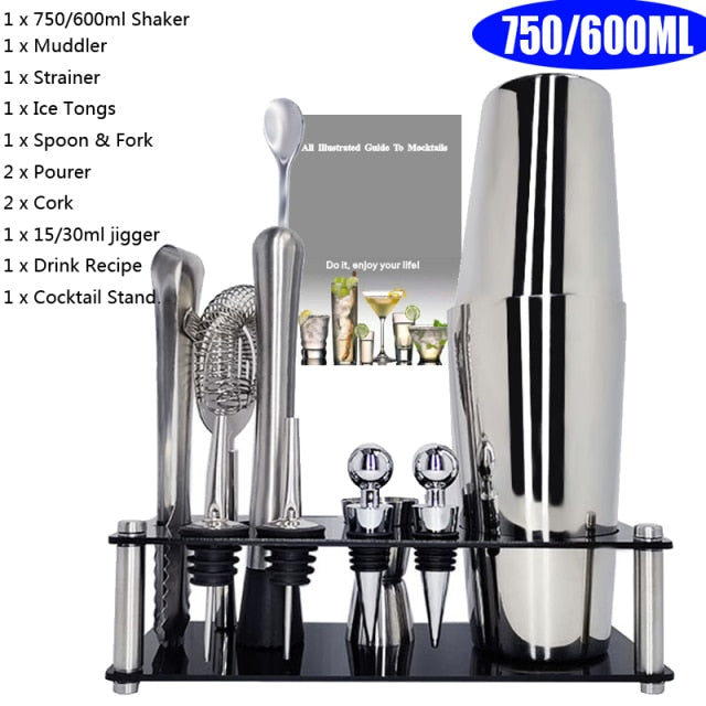 1-14 Pcs/set 600ml 750ml Stainless Steel Cocktail Shaker Mixer Drink Bartender Browser Kit Bars Set Tools With Wine Rack Stand