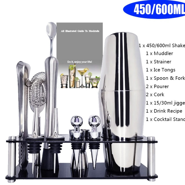 1-14 Pcs/set 600ml 750ml Stainless Steel Cocktail Shaker Mixer Drink Bartender Browser Kit Bars Set Tools With Wine Rack Stand