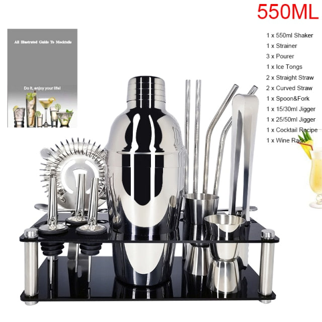 1-14 Pcs/set 600ml 750ml Stainless Steel Cocktail Shaker Mixer Drink Bartender Browser Kit Bars Set Tools With Wine Rack Stand