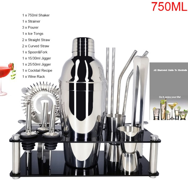 1-14 Pcs/set 600ml 750ml Stainless Steel Cocktail Shaker Mixer Drink Bartender Browser Kit Bars Set Tools With Wine Rack Stand