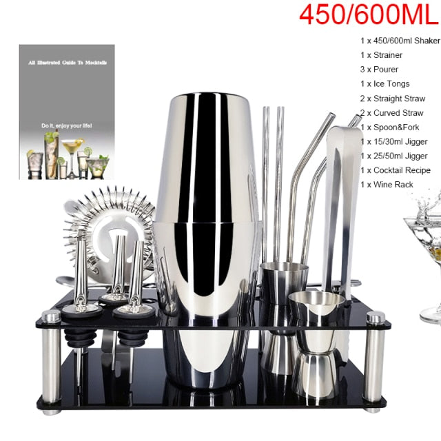 1-14 Pcs/set 600ml 750ml Stainless Steel Cocktail Shaker Mixer Drink Bartender Browser Kit Bars Set Tools With Wine Rack Stand