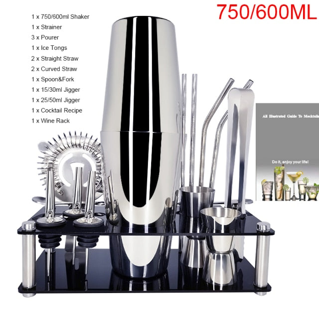 1-14 Pcs/set 600ml 750ml Stainless Steel Cocktail Shaker Mixer Drink Bartender Browser Kit Bars Set Tools With Wine Rack Stand