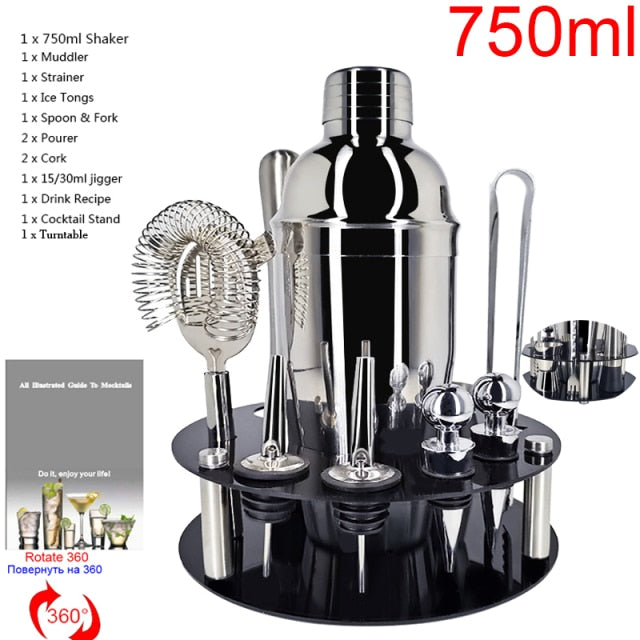 1-14 Pcs/set 600ml 750ml Stainless Steel Cocktail Shaker Mixer Drink Bartender Browser Kit Bars Set Tools With Wine Rack Stand