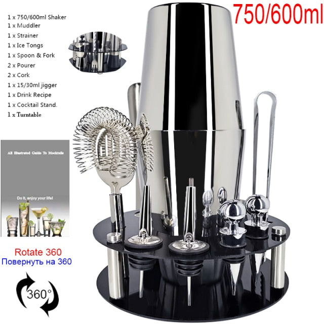 1-14 Pcs/set 600ml 750ml Stainless Steel Cocktail Shaker Mixer Drink Bartender Browser Kit Bars Set Tools With Wine Rack Stand
