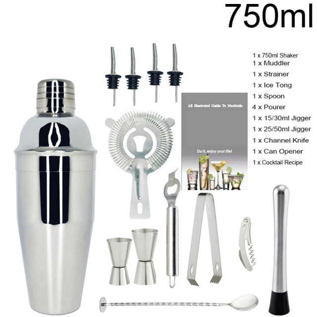 1-14 Pcs/set 600ml 750ml Stainless Steel Cocktail Shaker Mixer Drink Bartender Browser Kit Bars Set Tools With Wine Rack Stand