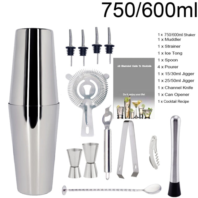 1-14 Pcs/set 600ml 750ml Stainless Steel Cocktail Shaker Mixer Drink Bartender Browser Kit Bars Set Tools With Wine Rack Stand