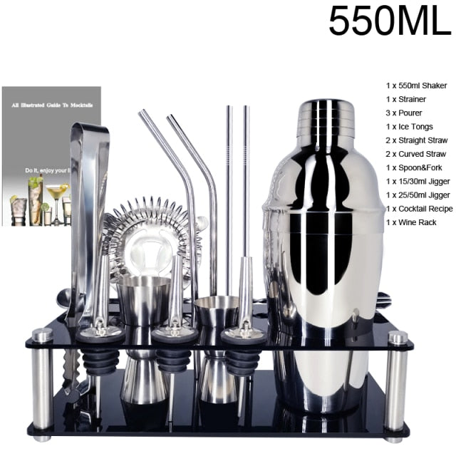 1-14 Pcs/set 600ml 750ml Stainless Steel Cocktail Shaker Mixer Drink Bartender Browser Kit Bars Set Tools With Wine Rack Stand