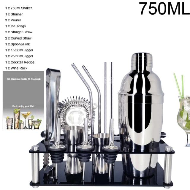 1-14 Pcs/set 600ml 750ml Stainless Steel Cocktail Shaker Mixer Drink Bartender Browser Kit Bars Set Tools With Wine Rack Stand