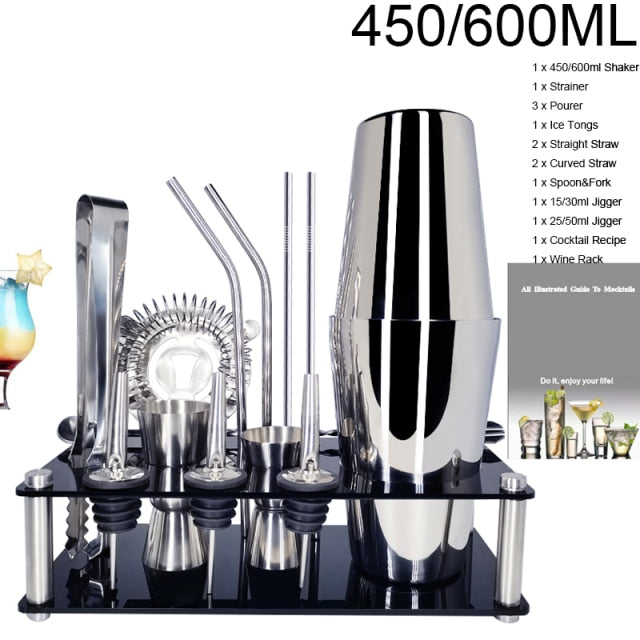 1-14 Pcs/set 600ml 750ml Stainless Steel Cocktail Shaker Mixer Drink Bartender Browser Kit Bars Set Tools With Wine Rack Stand