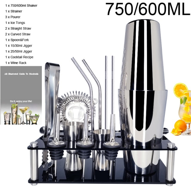 1-14 Pcs/set 600ml 750ml Stainless Steel Cocktail Shaker Mixer Drink Bartender Browser Kit Bars Set Tools With Wine Rack Stand